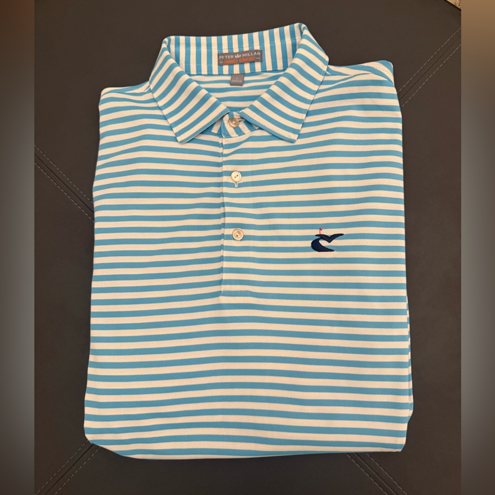 Peter Millar Mens Summer Comfort polo shirt L White Light Blue Striped